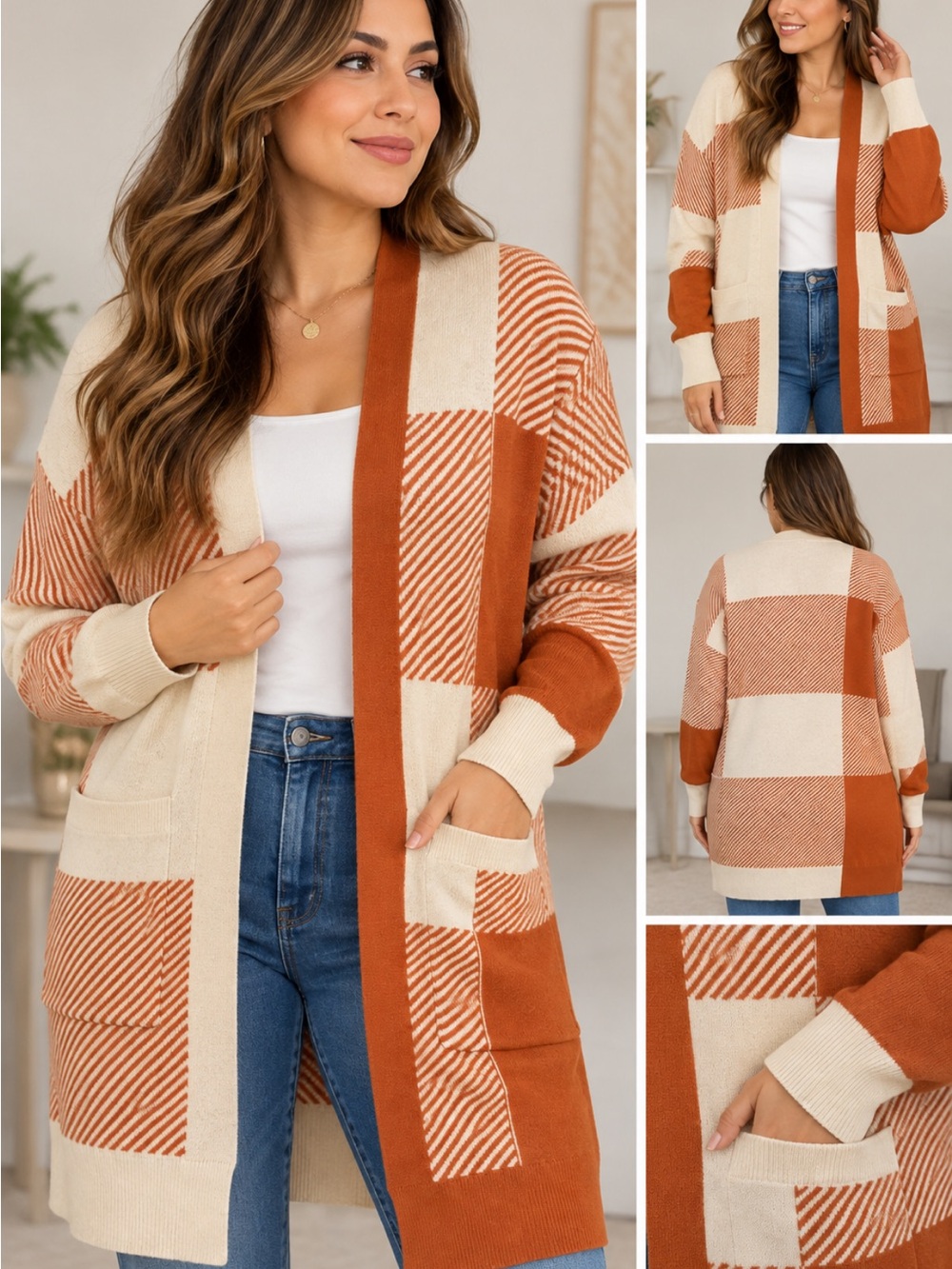 Long Open-Front Colorblock Cardigan in Rust and Cream